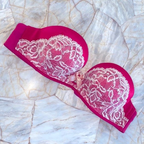 32B Bombshell Miraculous Red Lace Strapless Bra PushUp Lace Satin Rare - Picture 3 of 6